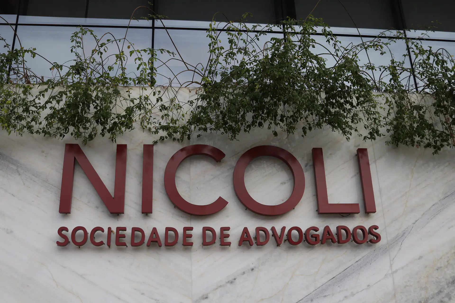 Fachada do escritório com letreiro "Nicoli Sociedade de Advogados" em letras bordô sobre mármore e plantas pendentes