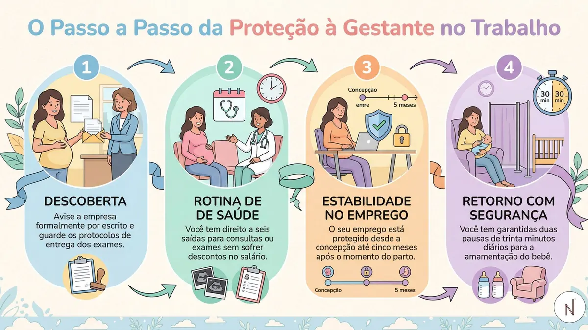 O Passo a Passo da Proteção à Gestante no Trabalho
Etapa 1: Descoberta. Avise a empresa formalmente por escrito e guarde os protocolos de entrega dos exames.
Etapa 2: Rotina de Saúde. Você tem direito a seis saídas para consultas ou exames sem sofrer descontos no salário.
Etapa 3: Estabilidade no Emprego. O seu emprego está protegido desde a concepção até cinco meses após o momento do parto.
Etapa 4: Retorno com Segurança. Você tem garantidas duas pausas de trinta minutos diários para a amamentação do bebê.