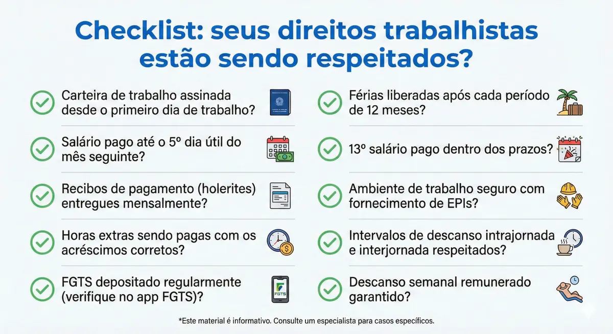 Checklist: seus direitos trabalhistas estão sendo respeitados?
✅ Carteira de trabalho assinada desde o primeiro dia de trabalho?
✅ Salário pago até o 5º dia útil do mês seguinte?
✅ Recibos de pagamento (holerites) entregues mensalmente?
✅ Horas extras sendo pagas com os acréscimos corretos?
✅ FGTS depositado regularmente (verifique no app FGTS)?
✅ Férias liberadas após cada período de 12 meses?
✅ 13º salário pago dentro dos prazos?
✅ Ambiente de trabalho seguro com fornecimento de EPIs?
✅ Intervalos de descanso intrajornada e interjornada respeitados?
✅ Descanso semanal remunerado garantido?
