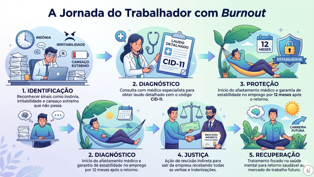 Infográfico: A Jornada do Trabalhador com Burnout
Identificação: Reconhecer sinais como insônia, irritabilidade e cansaço extremo que não passa.
Diagnóstico: Consulta com médico especialista para obter laudo detalhado com o código CID-11.
Proteção: Início do afastamento médico e garantia de estabilidade no emprego por 12 meses após o retorno.
Justiça: Ação de rescisão indireta para sair da empresa recebendo todas as verbas e indenizações.
Recuperação: Tratamento focado na saúde mental para retorno saudável ao mercado de trabalho futuro.
