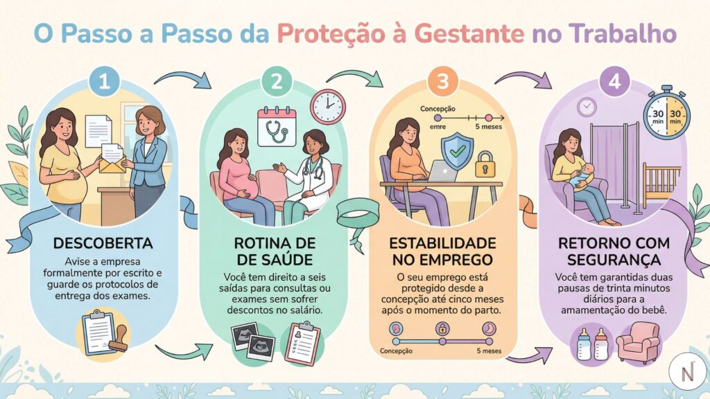 O Passo a Passo da Proteção à Gestante no Trabalho
Etapa 1: Descoberta. Avise a empresa formalmente por escrito e guarde os protocolos de entrega dos exames.
Etapa 2: Rotina de Saúde. Você tem direito a seis saídas para consultas ou exames sem sofrer descontos no salário.
Etapa 3: Estabilidade no Emprego. O seu emprego está protegido desde a concepção até cinco meses após o momento do parto.
Etapa 4: Retorno com Segurança. Você tem garantidas duas pausas de trinta minutos diários para a amamentação do bebê.